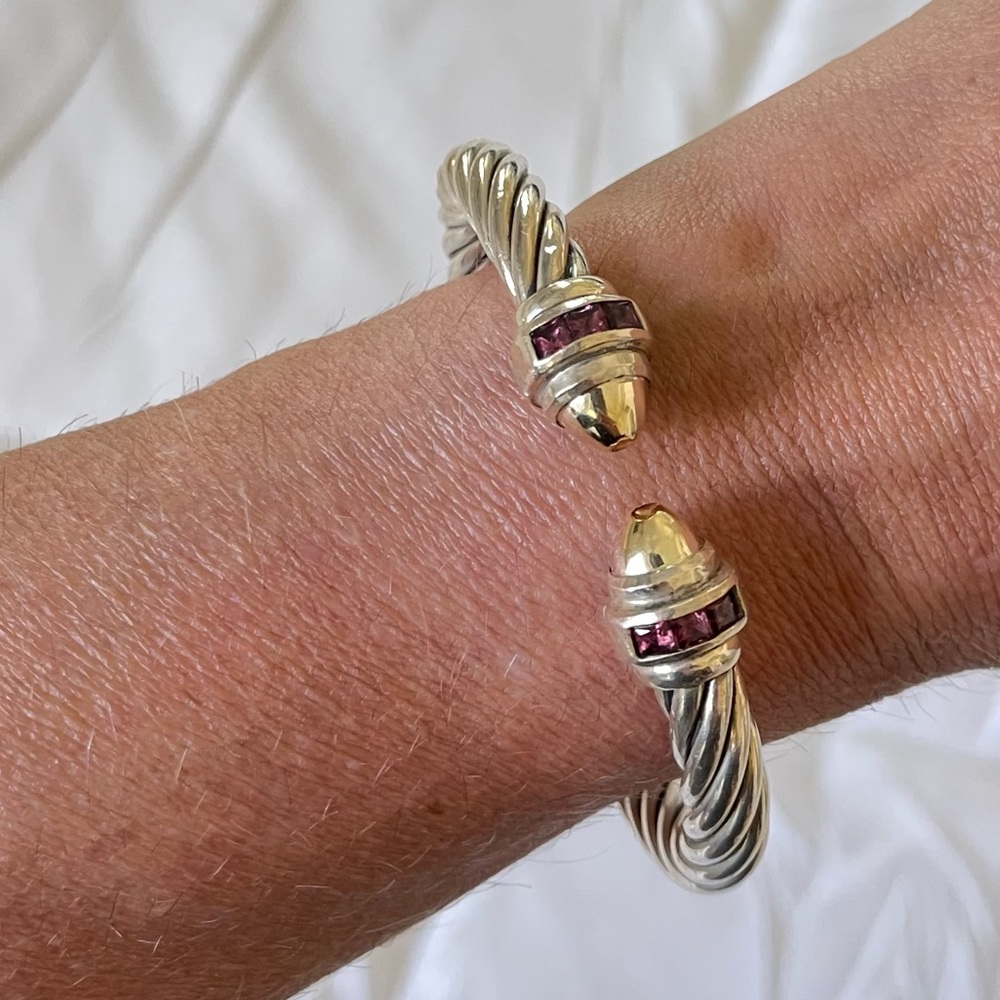 John Gocke JG Italy Sterling Cable Cuff Bracelet with Morganite Inlay 925 / 18K